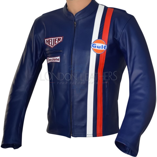 Steve McQueen Le-man Gulf Heuer Firestone Navy BLUE Premium Leather Jacket